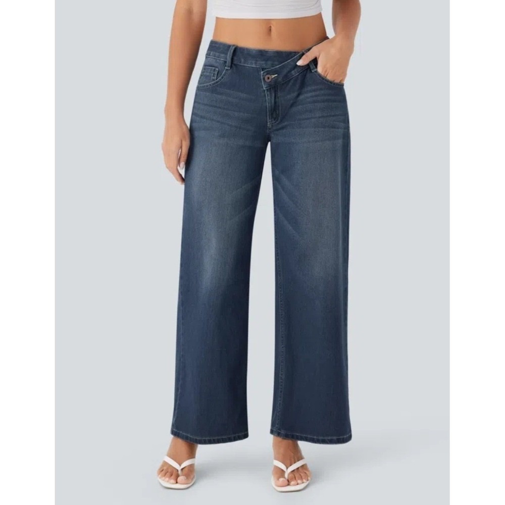 Halara Flex Asymmetric Low Rise Zipper Pockets Baggy Wide Leg Jeans Small Petite